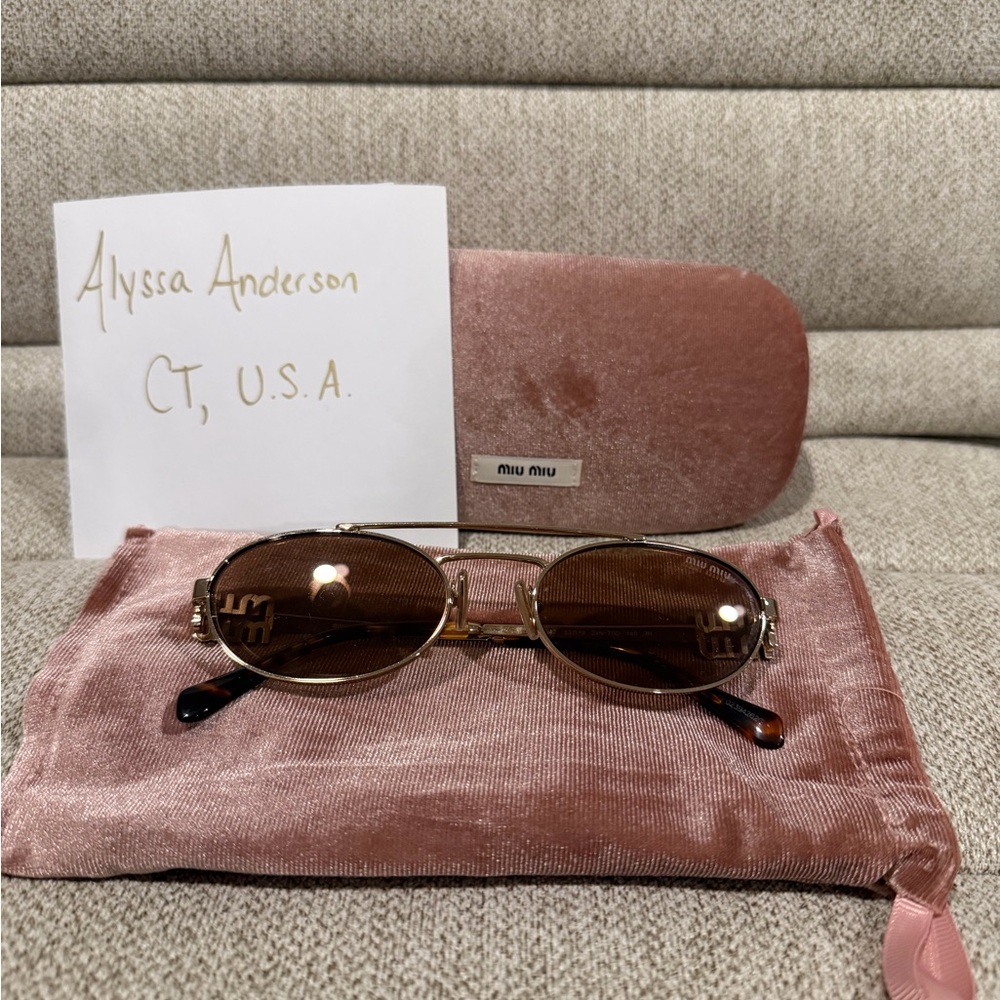 Miu Miu Gold Metal Oval Sunglasses with Brown Lenses and Pink Velvet Case
